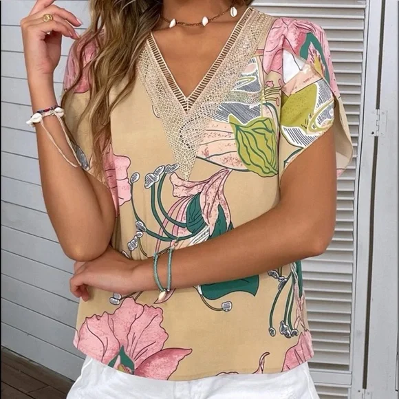 Boho Floral Print Petal Sleeve Shirt Top Blouse - Picture 4 of 8